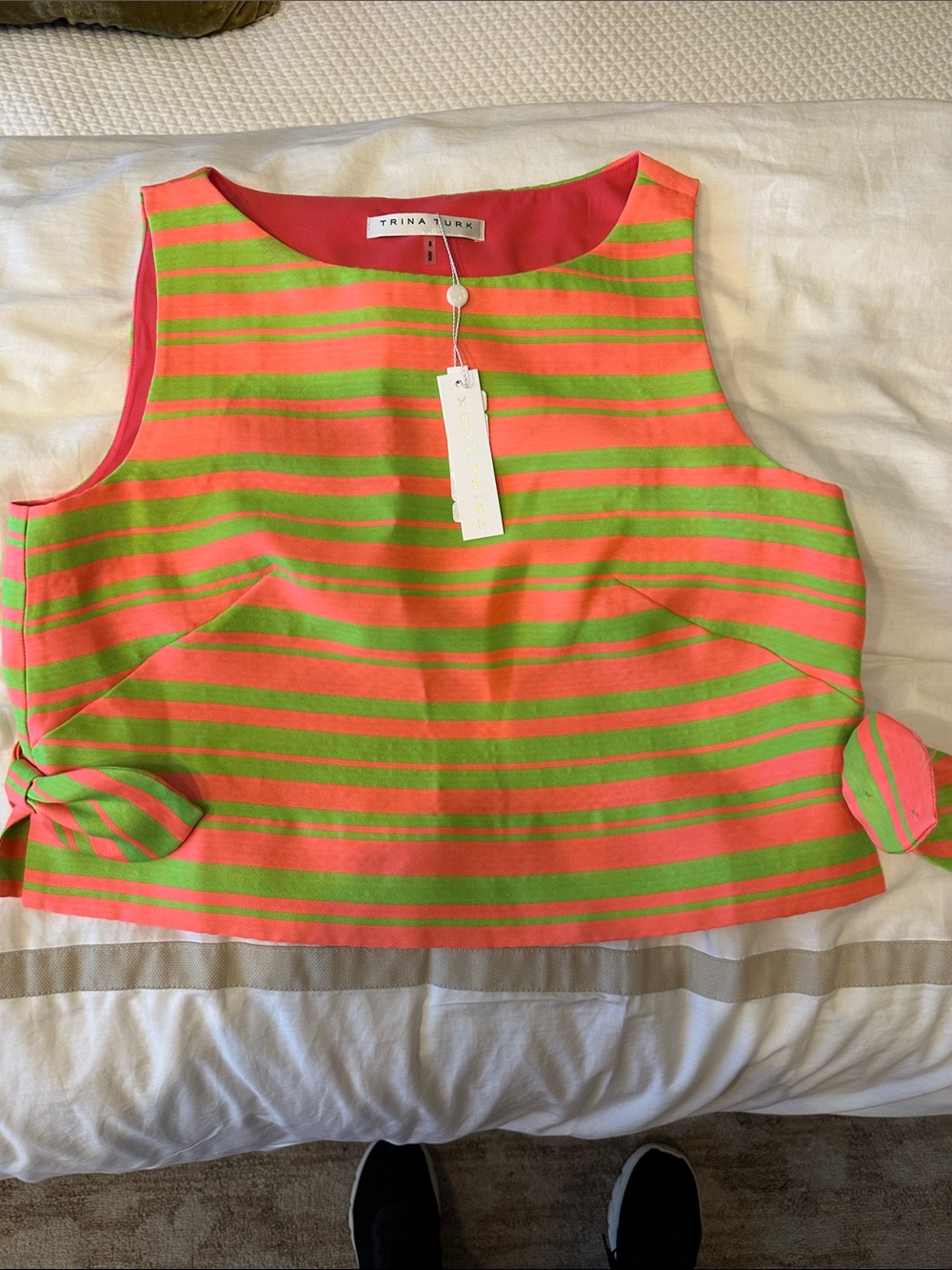 Trina Turk Coral and Lime Striped Sleeveless Tank with Side Ties
